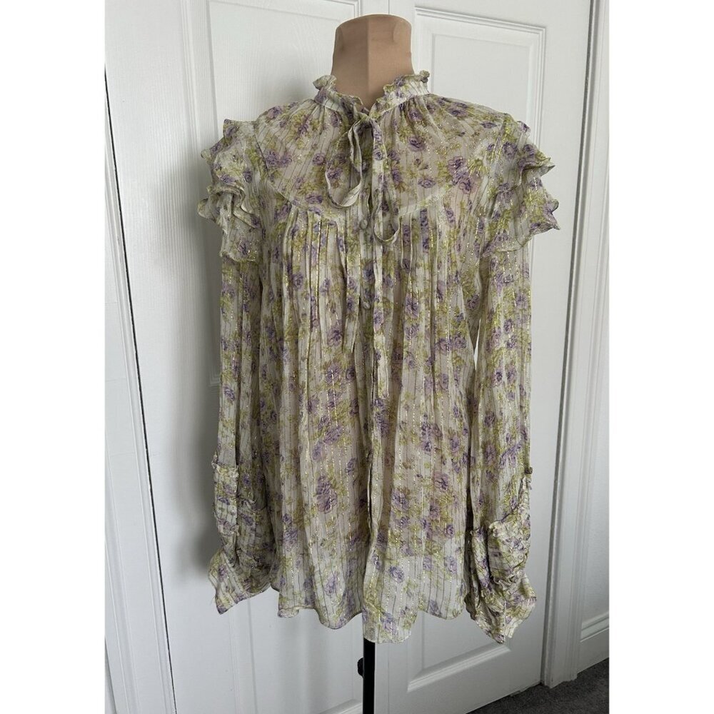 HEMANT & NANDITA Rika Blouse in Green/Purple Long Sleeve Button Up Sheer Sz XS
